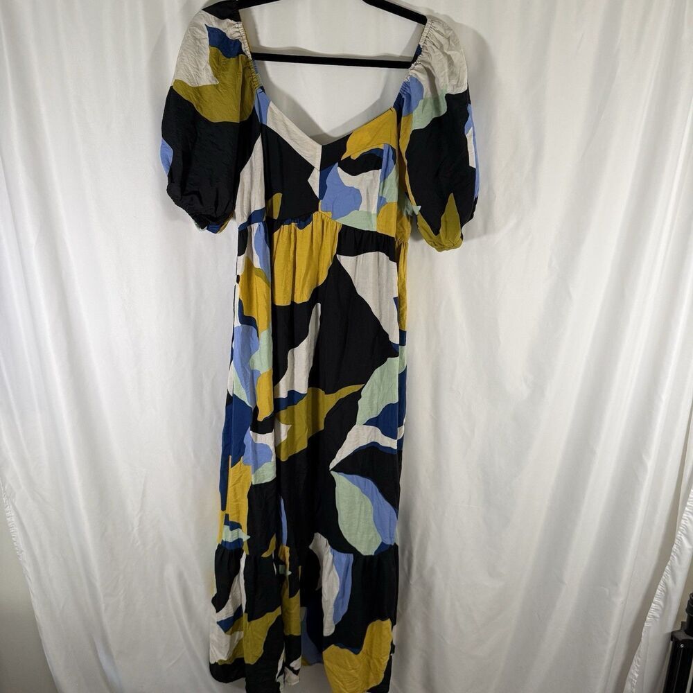 Nine West Maxi Dress Women's Large Multicolor Short Sleeve Square Neck Smocked